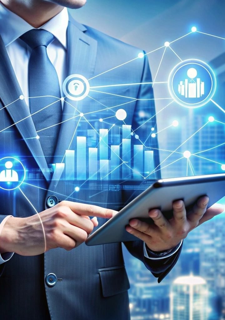 Businessman using tablet with network icons.